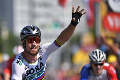 Peter Sagan celebra su victoria en la segunda etapa del Tour.