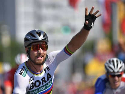 Peter Sagan celebra su victoria en la segunda etapa del Tour.