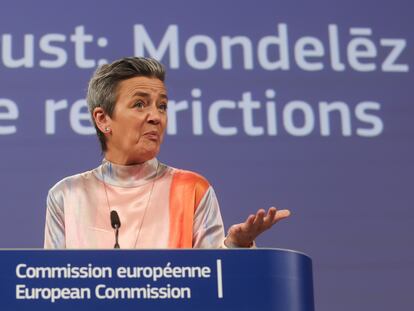La vicepresidenta de la Comisión encargada de Competitividad,  Margrethe Vestager, en Bruselas, este jueves.