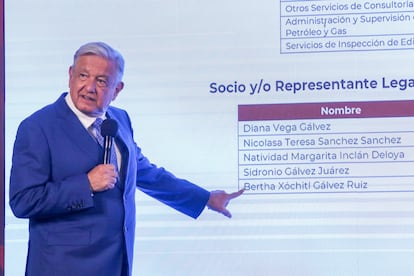 Andrés Manuel López Obrador muestra los contratos que obtuvo Xóchitl Gálvez con sus dos empresas, el 17 de julio en Palacio Nacional.