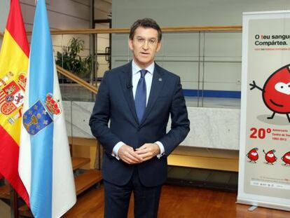 Feijóo, durante el discurso grabado en el Centro de Transfusión de Galicia.