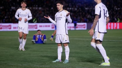 Brahim celebra su gol a la Arandina, el segundo del Real Madrid.