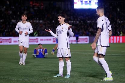 Brahim celebra su gol a la Arandina, el segundo del Real Madrid.
