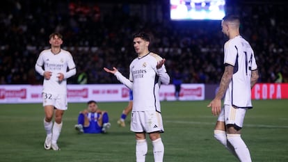 Brahim celebra su gol a la Arandina, el segundo del Real Madrid.