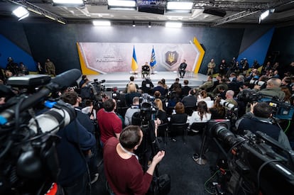 Conferencia de prensa del presidente de Ucrania, Volodímir Zelenski, ante el primer aniversario de la invasión rusa, el 24 de febrero de 2023 en Kiev.