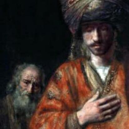 Hamán reconoce su suerte (Hamán recibe la orden de honrar a Mardoqueo). Rembrandt Harmensz. van Rijn.