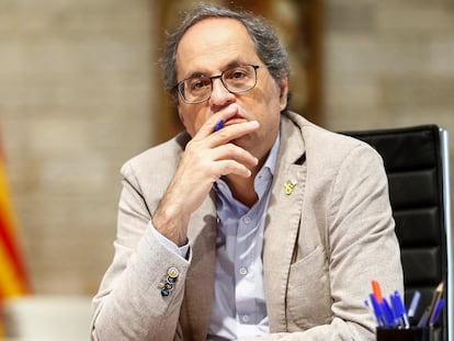 Quim Torra, durante la reunión telemática que mantuvo este viernes con miembros de su Govern.