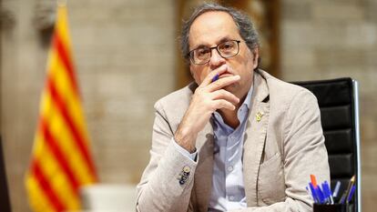 Quim Torra, durante la reunión telemática que mantuvo este viernes con miembros de su Govern.