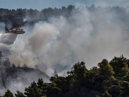 Un hidroavión vierte agua sobre una de las zonas afetadas.