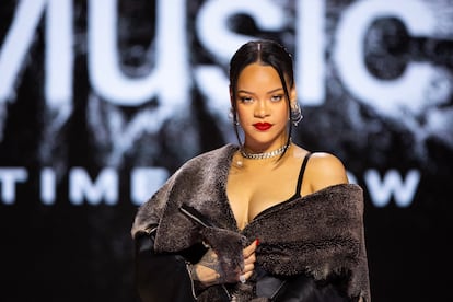 Recording artist Rihanna during the Super Bowl LVII Halftime Show press conference at Phoenix Convention Center.