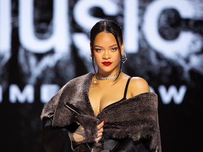 Recording artist Rihanna during the Super Bowl LVII Halftime Show press conference at Phoenix Convention Center.