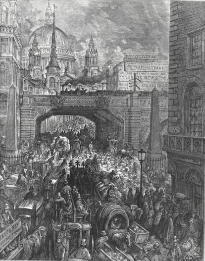 Grabado de Ludgate Hill (1872), de Gustave Doré. "Una enorme masa de ladrillo, de humo y de navios. / Una inmensa cúpula parda, como un sombrero de papel / coronando a un bufón: ¡Eso es la ciudad de Londres!" (Lord Byron, 'Don Juan', 1824)