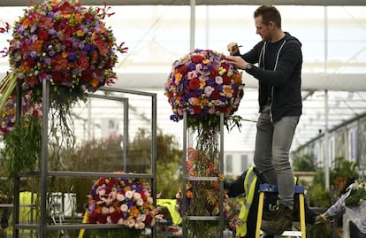 Un trabajador termina de preparar uno de los montajes florales en el Chelsea Flower Show de Londres.