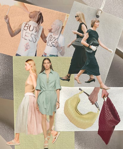 De arriba abajo y de izquierda a derecha:  Vivienne Westwood en su lookbook de p-v 2019, vestidos negros, ambos de la colección de p-v 2023 de The Row, dos diseños de la cápsula SRPLS, de Zara, y bolsos de p-v 2023 de Bottega Veneta.