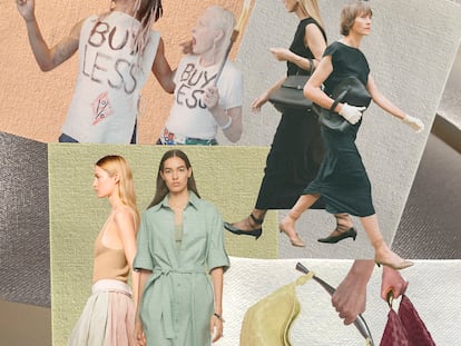De arriba abajo y de izquierda a derecha:  Vivienne Westwood en su lookbook de p-v 2019, vestidos negros, ambos de la colección de p-v 2023 de The Row, dos diseños de la cápsula SRPLS, de Zara, y bolsos de p-v 2023 de Bottega Veneta.