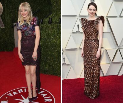 La actriz Emma Stone, en los premios Oscar de 2011 y en los de 2019.