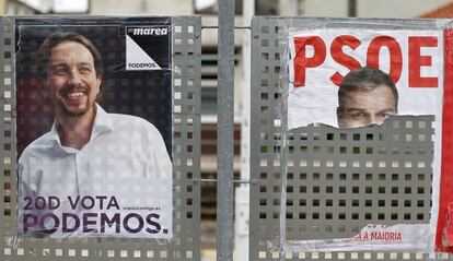 Dos carteles electorales de las pasadas elecciones en una calle de Lugo. El resultado de las elecciones de ayer abre muchas interrogantes sobre el futuro gobierno, un escenario sin mayorías en el que serán necesarios pactos y alianzas.