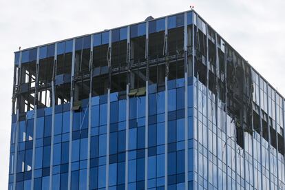 A view of the damaged building is seen after a reported drone attack in Moscow, Russia, Monday