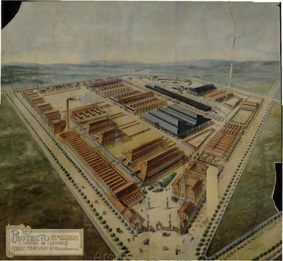1908. Proyecto de un Matadero y Mercado de Ganados para Madrid. Vista general. Dibujo a tinta y acuarela. 1.120x1.180 cm.