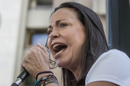 María Corina Machado participa en una manifestación con motivo del 66 aniversario del derrocamiento de la dictadura de Marcos Pérezz, en enero de 2024, en Caracas