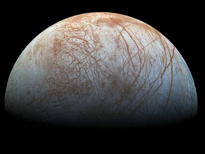 Europa, Jupiter's icy moon, in images taken by the Galileo probe in the late 1990s.