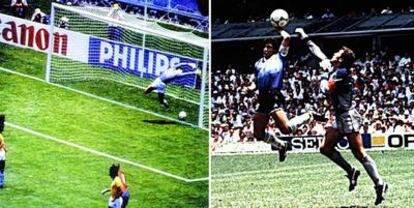 Gol fantasma de Míchel a Brasil en 1986. A la derecha, Maradona marca con la mano.