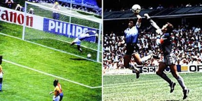 Gol fantasma de Míchel a Brasil en 1986. A la derecha, Maradona marca con la mano.