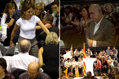 A la izquierda, Carme Chacón en el acto de inicio de campaña del PSC en Esplugues de Llobregat. A la derecha, inicio de la campaña de CiU.