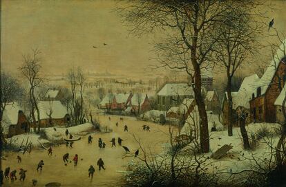 Pieter Brueghel, 'Paisaje nevado con patinadores y trampa para pájaros', 1565.