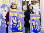 La candidata de Podemos-Alianza Verde, María Goikoetxea, junto a Ione Belarra, el viernes en Zaragoza.