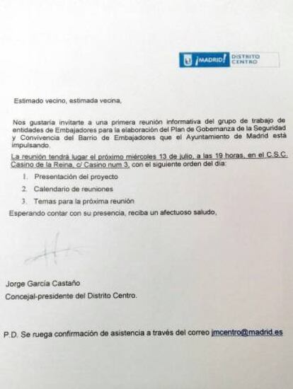 Carta remitida por la Junta de Centro a los colectivos vecinales.