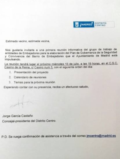 Carta remitida por la Junta de Centro a los colectivos vecinales.