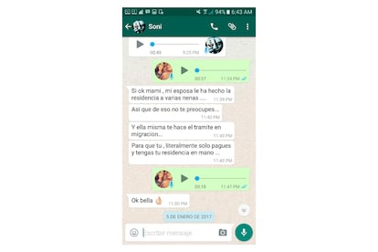 Captura de pantalla de una conversación por WhatsApp con Ignacio Antonio Santoyo Cervantes, “El Soni”, donde habla de los contactos en Migración.
