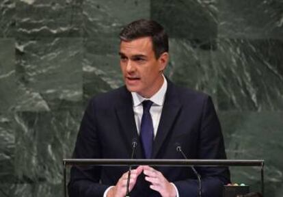 Pedro Sánchez, durante su intervención en la asamblea de las Naciones Unidas en Nueva York, el pasado jueves.