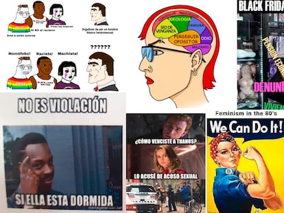 Varios memes antifeministas que circulan por las redes misóginas ilustran el discurso de odio y la banalización de la violencia de género.