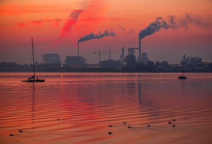 El humo sale de las chimeneas de empresas madereras en la bahía de Wismar, en el Estado alemán de Mecklemburgo-Pomerania Occidental.