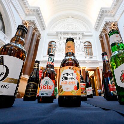 Beer bottles are displayed inside the Belgian Beer World, the world's largest interactive experience center dedicated to beer, newly opened in the renovated stock exchange building "La Bourse/De Beurs" in Brussels on September 7, 2023. (Photo by JOHN THYS / AFP) (Photo by JOHN THYS/AFP via Getty Images)