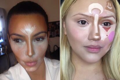 6. 'Contouring'. ¿Queda alguien sobre la faz de la tierra que no se haya enterado de que Kim Kardashian embadurna su rostro para maquillarse? Un panaché de sombras e iluminadores se mezcla en el rostro de los fervientes seguidores de la técnica de maquillaje más popular de Internet. A menos que tengas el talento de un profesional, será mejor que desistas de intentarlo.