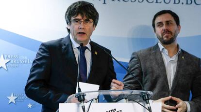 El expresidente de la Generalitat, Carles Puigdemont, este jueves en el Club de la Prensa de Bruselas (Bélgica). 
 
 