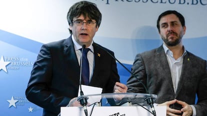 El expresidente de la Generalitat, Carles Puigdemont, este jueves en el Club de la Prensa de Bruselas (Bélgica).
