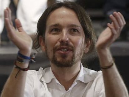 El l&iacute;der de Podemos, Pablo Iglesias, durante el acto de clausura de la Asamblea Ciudadana en el que han dado a conocer la nueva direcci&oacute;n.