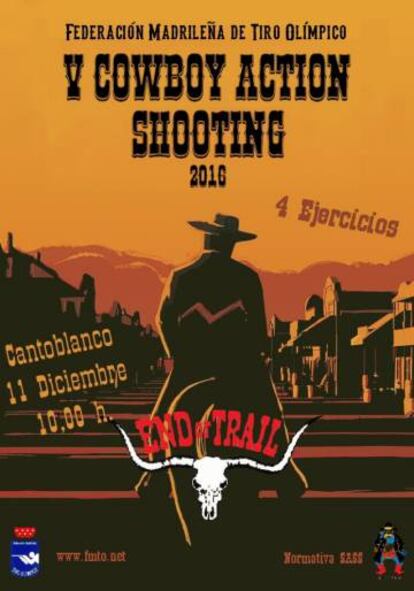 Cartel de una actividad para disparar disfrazado de vaquero.