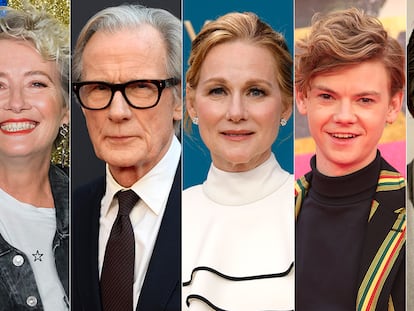 (l-r) Emma Thompson, Bill Nighy, Laura Linney, Thomas Brodie-Sangster and Hugh Grant.