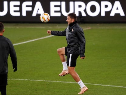 Carriço, en el entrenamiento del Sevilla en Lieja. 