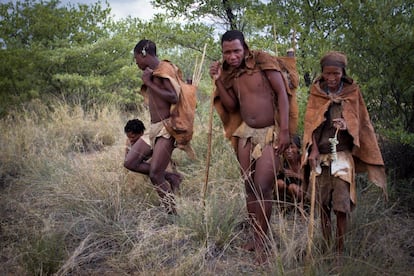 De izquierda a derecha están Gakelebape, Thsamii, Wame y Quokwa. Ellos y otros bosquimanos trabajan en el sector del turismo para ganar algo de dinero y también para dar a conocer su cultura, que está en riesgo de desaparecer. Ellos, en concreto, trabajan para un camping llamado Trail Blazers dos horas por la mañana y dos por la tarde. Primero realizan una excursión con los clientes del camping en la que les muestran el uso que ellos hacen de las plantas del bosque. Por la noche realizan sus bailes ancestrales ante una hoguera.