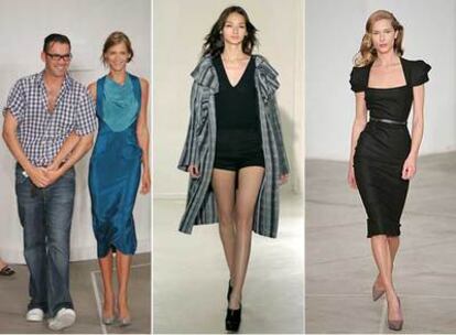 De izquierda a derecha, Roland Mouret, con la modelo Carmen Kaas, en Nueva York. Modelo del desfile de su última colección, en París. El vestido 'Galaxy', en otoño de 2005.