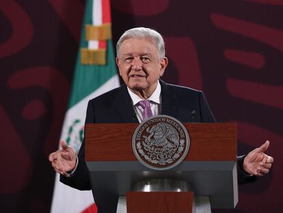 Andrés Manuel López Obrador durante su conferencia matutina en Palacio Nacional.