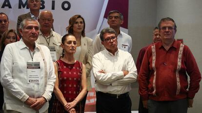 Adan Augusto López, Claudia Sheinbaum, Ricardo Monreal Avila y Marcelo Ebrard esta mañana durante la conferencia de prensa.