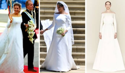 La infanta Cristina en su boda (en octubre de 1997), Meghan Markle en su enlace (mayo de 2018) y un diseño de Emilia Wickstead.