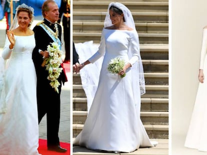 La infanta Cristina en su boda (en octubre de 1997), Meghan Markle en su enlace (mayo de 2018) y un diseño de Emilia Wickstead.